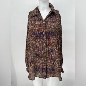 100% Silk Snake Pattern Blouse Size Large Vintage Used- Brown, Cream, Tan